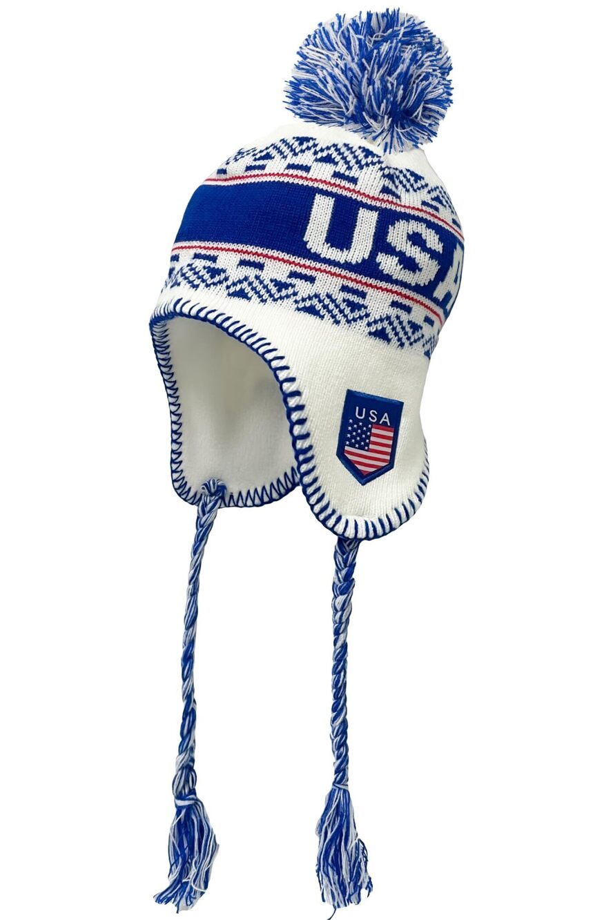 7561 USA Winter Knit Beanie with Pom White Ski Cap, Peruvian Hat with Ear